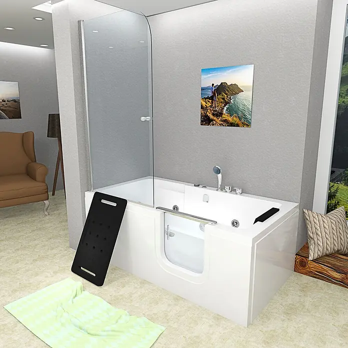 AcquaVapore Badewanne Fertigdusche S15D-WP-EH-R-EC - Acryl, Weiß - Weiße begehbare Badewanne mit Duschabtrennung aus Klarglas und leicht zugänglicher Tür in einem modernen Badezimmer.