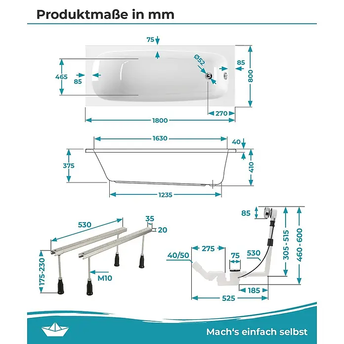 Calmwaters Badewanne Original - Sanitäracryl, Weiß - Technische Zeichnung einer weißen Badewanne mit Maßen, verstellbaren Füßen und Ablauf/Überlauf-Garnitur.