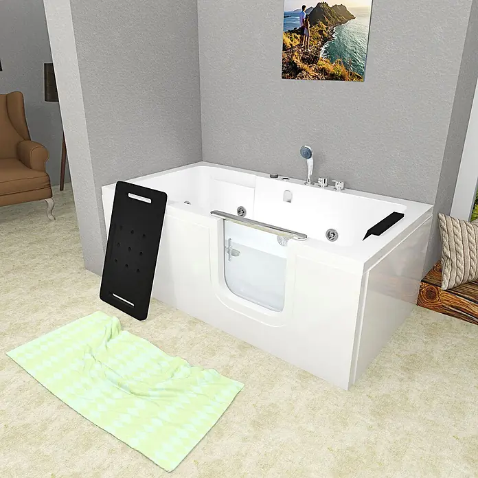 AcquaVapore Badewanne Fertigdusche S15WP-EH-R - Acryl, Weiß - Weiße Badewanne mit Einstieg, Klarglastür und Chromarmaturen, für einfachen Zugang.