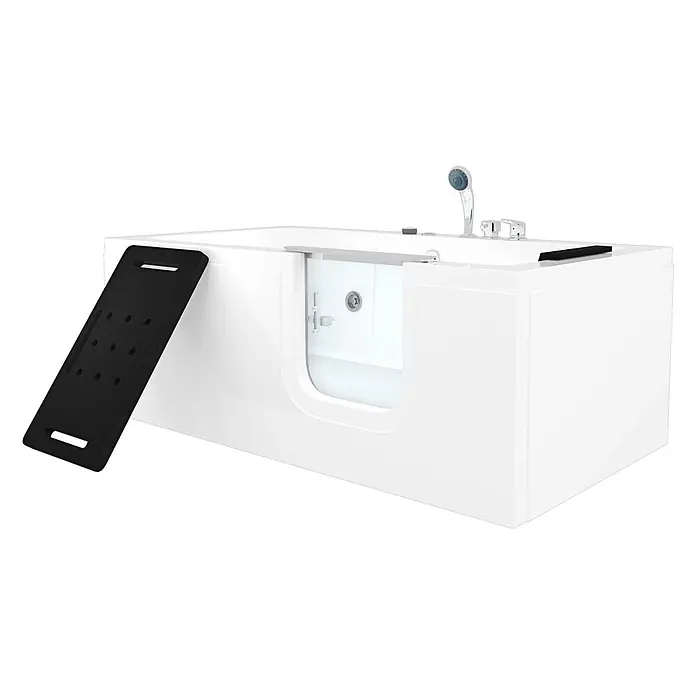 AcquaVapore Badewanne Fertigdusche S15WP-EH-R - Acryl, Weiß - Weiße barrierefreie Badewanne mit klarer Tür und schwarzer Anti-Rutsch-Matte.