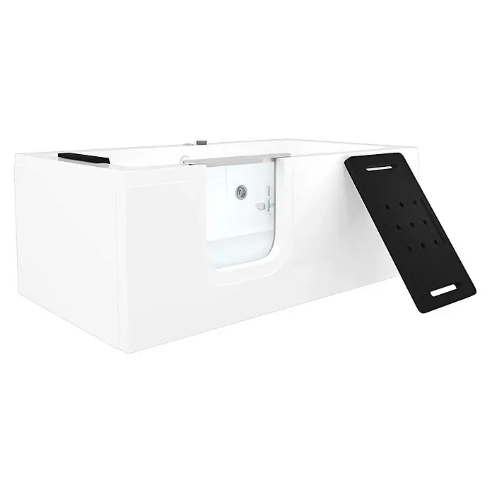 AcquaVapore Badewanne Fertigdusche S15WP-L - 150 x 75 cm, Acryl, Weiß - Weiße Einstiegswanne mit transparenter Seitentür, innenliegendem Sitz und schwarzer Anti-Rutsch-Matte zum sicheren Ein- und Aussteigen.