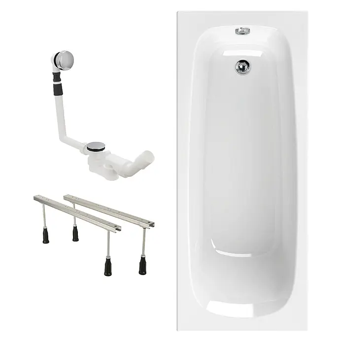 Calmwaters Badewanne Original - Sanitäracryl, Weiß - Weiße Acrylbadewanne mit Chrom-Ablaufgarnitur und Metall-Stützrahmen mit verstellbaren Füßen.