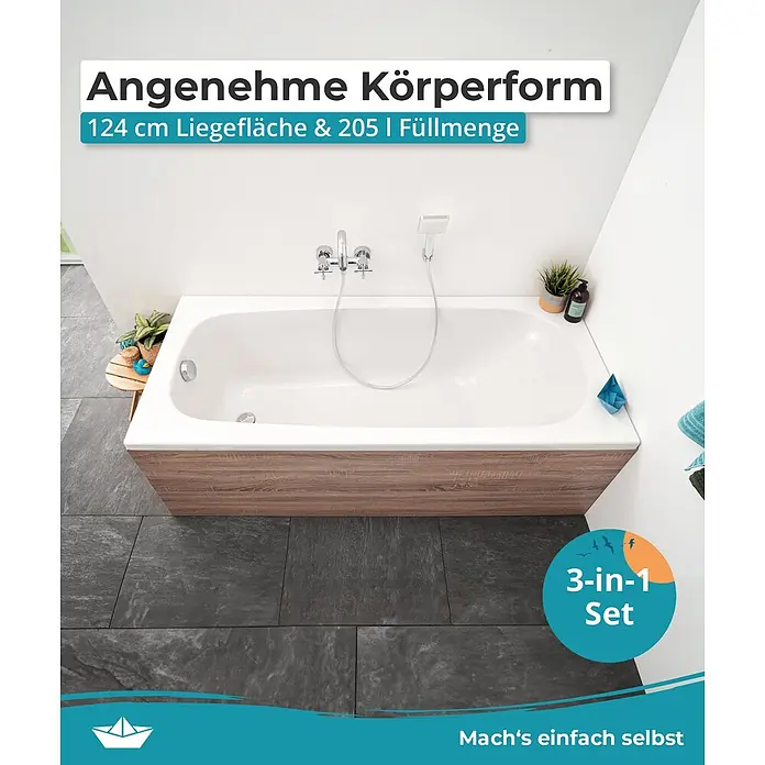 Calmwaters Badewanne Original - Sanitäracryl, Weiß - Weiße Badewanne mit angenehmer Körperform und Holzdekor-Frontpaneel.