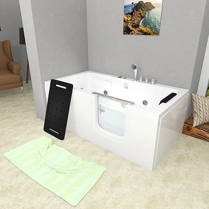 AcquaVapore Badewanne Fertigdusche S15WP-TH-R - 150 x 75 cm, Acryl, Weiß - Weiße begehbare Badewanne mit klarer Einstiegstür und silbernem Haltegriff, ideal für barrierefreies Baden, in einem hellen Raum.