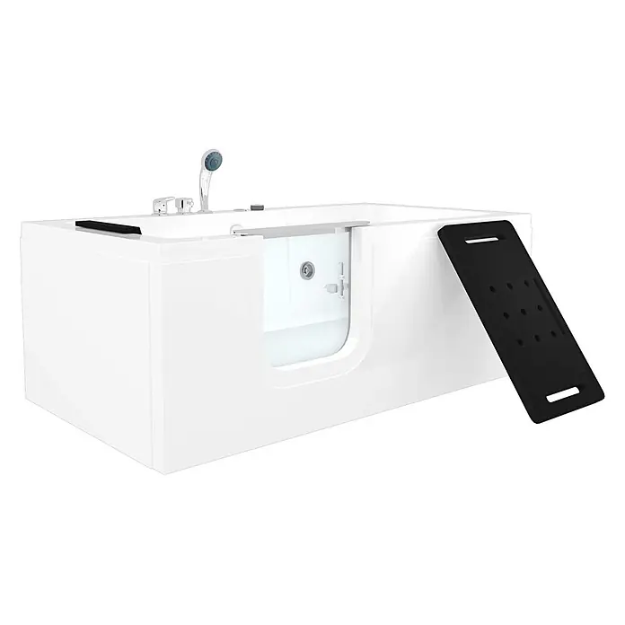 AcquaVapore Badewanne Fertigdusche S15WP-EH-L - Acryl, Weiß - Weiße begehbare Badewanne mit klarer Tür, integriertem Duschkopf und schwarzer Antirutschmatte für sicheren Einstieg.
