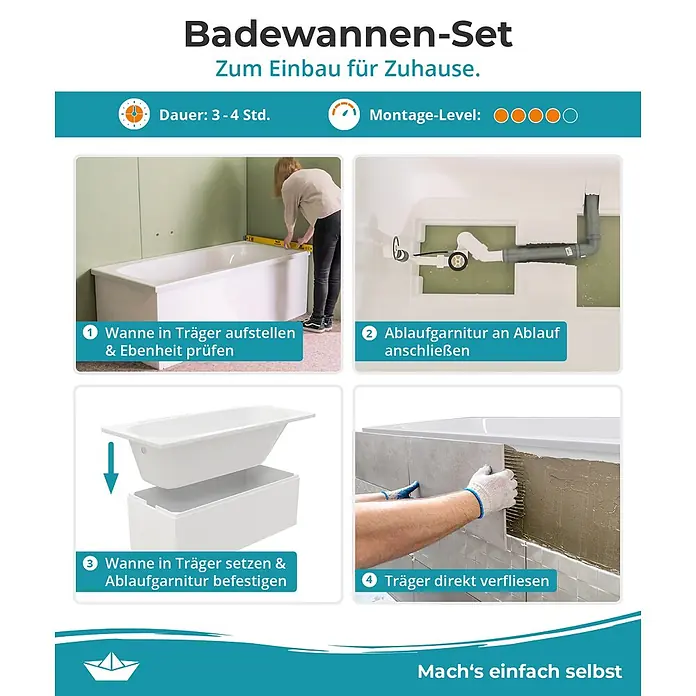 Calmwaters Badewanne Original - 180 x 80 cm, Sanitäracryl, Weiß - Badewannen-Set Installationsanleitung mit 4 Schritten für die Montage zu Hause.