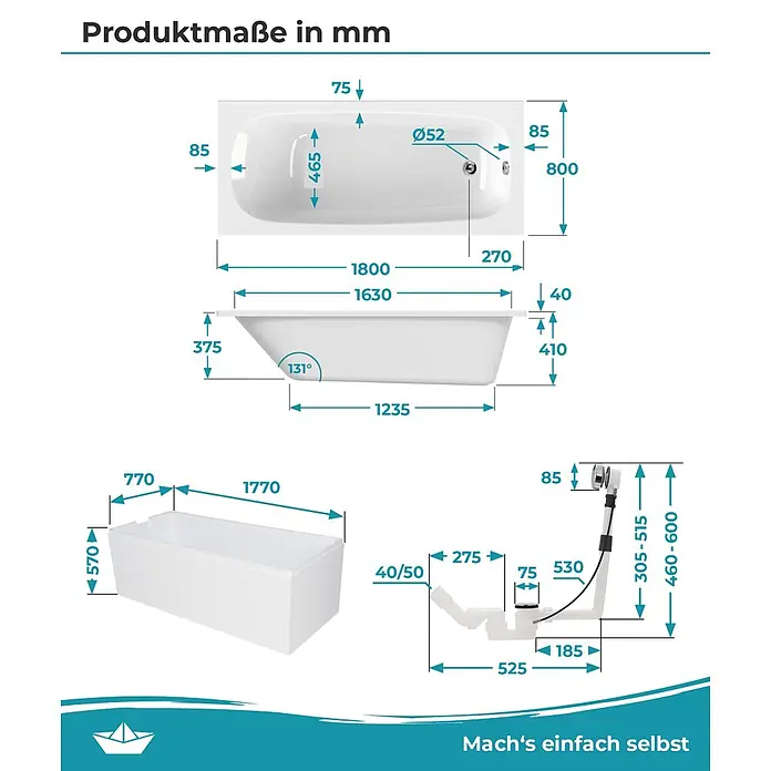 Calmwaters Badewanne Original - 180 x 80 cm, Sanitäracryl, Weiß - Weiße Rechteck-Badewanne mit detaillierten Produktmaßen und Ablauf-/Überlaufgarnitur.