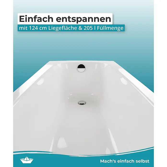 Calmwaters Badewanne Original - 180 x 80 cm, Sanitäracryl, Weiß - Weiße Badewanne mit 124 cm Liegefläche und 205 Litern Füllmenge für entspannende Bäder.