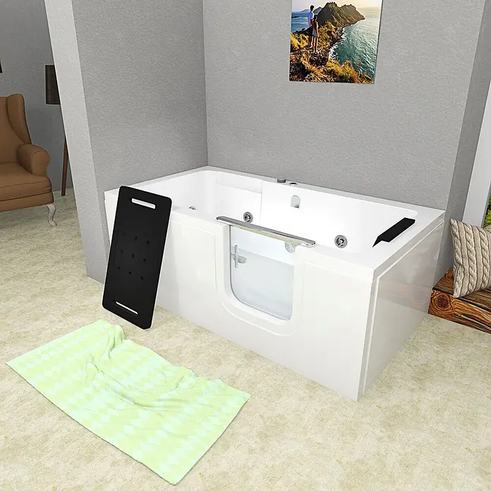 AcquaVapore Badewanne Fertigdusche S15WP-R - 150 x 75 cm, Acryl, Weiß - Weiße Einstiegswanne mit klarer Tür, schwarzem Badebrett und hellgrüner Badematte im Raum.