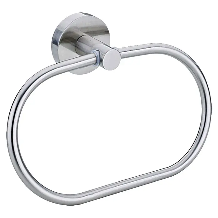 Tesa Handtuchring - Montageart: Kleben, Edelstahloptik - Ein Handtuchring aus Metall mit einer runden Basis zur Wandmontage. Der Ring ist oval und aus glänzendem Metall gefertigt.