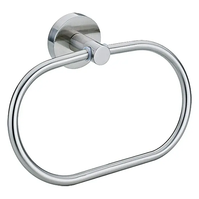 Tesa Handtuchring - Montageart: Kleben, Edelstahloptik - Ein Handtuchring aus Metall mit einer runden Basis zur Wandmontage. Der Ring ist oval und aus glänzendem Metall gefertigt.