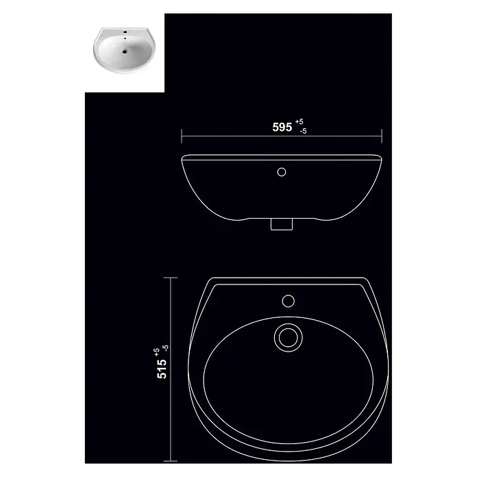Sanicomfort Waschtisch Manhattan - 60 x 45 cm, Ohne Spezialglasur, Hahnloch: Mitte, Mit Überlauf, Grau - Weißes Keramik-Waschbecken mit technischen Zeichnungen (595x515mm).