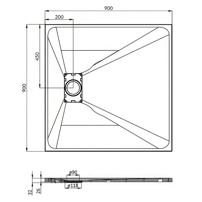 Bad Land Duschwanne VIDAR Duschwanne quadratisch 90x90x3,2 cm Weiß, mit Ablaufgarnitur - Kunststoff, Weiß - Technische Zeichnung einer 900x900mm rechteckigen Duschwanne mit zentralem Ø90mm Ablauf und 32mm Höhe.