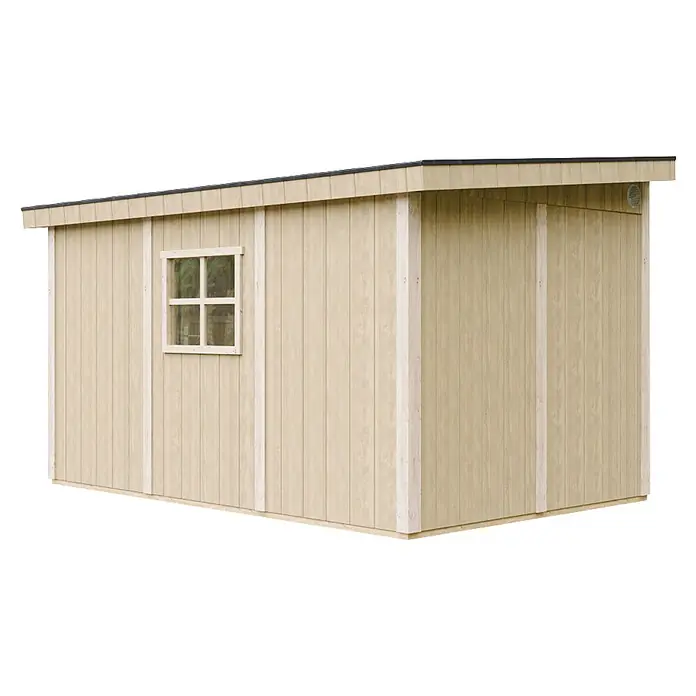 Timbela Gerätehaus M939B - Außenmaß inkl. Dachüberstand (B x T): 248 x 412 cm, Holz, Natur - Hellbeiger Holzgeräteschuppen mit Einzelfenster und dunklem Pultdach.