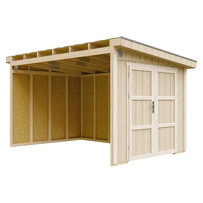 Timbela Gerätehaus M939B - Außenmaß inkl. Dachüberstand (B x T): 248 x 412 cm, Holz, Natur - Hölzerner Gartenschuppen mit Doppeltüren und integriertem offenen Unterstand.