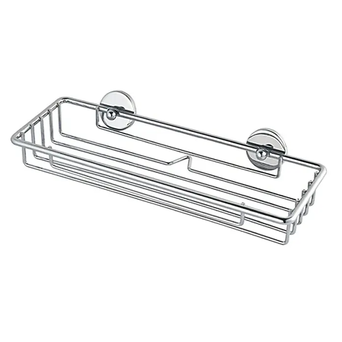 Tesa Cesta para la esponja - 26 x 9,7 x 5 cm, Metal - Imagen de una estantería de ducha plateada con ventosas para un fácil montaje en el baño o la ducha. Ideal para champú y gel de ducha.