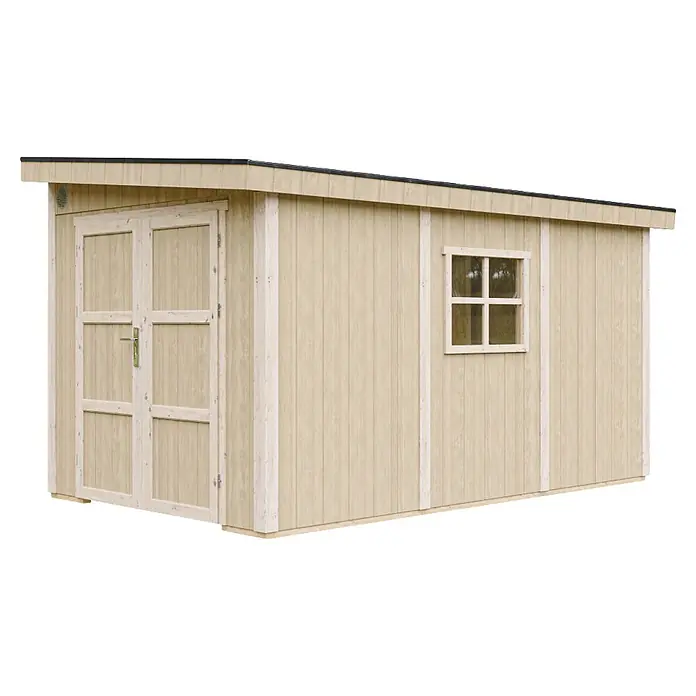 Timbela Gerätehaus M939B - Außenmaß inkl. Dachüberstand (B x T): 248 x 412 cm, Holz, Natur - Heller Holz-Geräteschuppen mit Doppeltür und kleinem Fenster für den Garten.