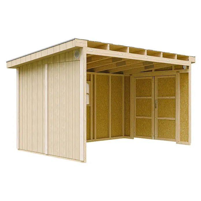 Timbela Gerätehaus M939B - Außenmaß inkl. Dachüberstand (B x T): 248 x 412 cm, Holz, Natur - Leichter Holz-Anbauschuppen mit offener Seite und integriertem Geräteraum mit Doppeltüren.