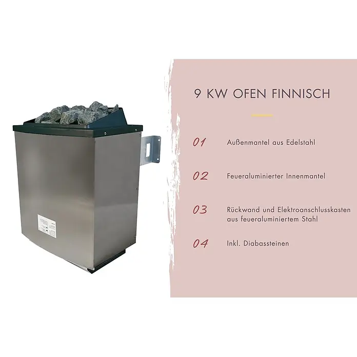 Karibu Saunahaus Miramar - L x B x H: 429 x 219,5 x 244 cm, Natur, 9 KW Ofen mit externer Steuerung - Ein 9 KW finnischer Saunaofen aus Edelstahl mit feueraluminiertem Innenmantel und Diabassteinen.