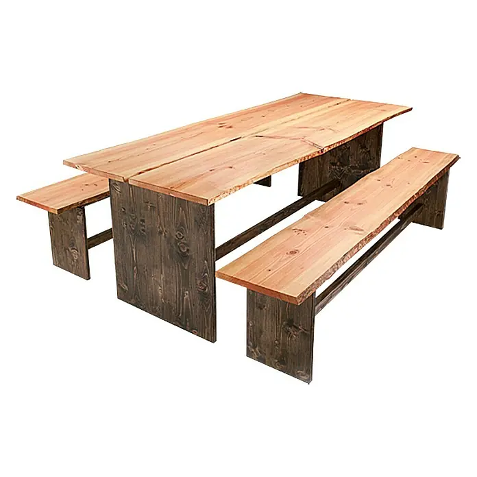 Exclusivholz Blockware - Douglasie, Anfallende Breite: 20 cm - 25 cm, 120 x 3 cm - Rustikales Esstischset aus Holz mit zwei passenden Bänken für den Essbereich.