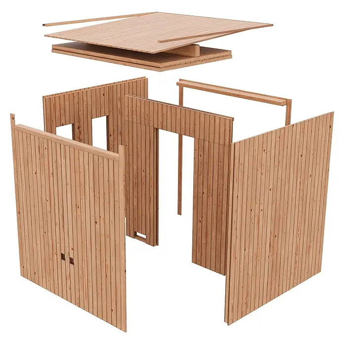 Karibu Saunahaus Miramar - L x B x H: 429 x 219,5 x 244 cm, Natur, 9 KW Ofen mit externer Steuerung - Explosionszeichnung eines Holzschuppen-Bausatzes mit einzelnen Naturholz-Wand- und Dachpaneelen zur Selbstmontage.
