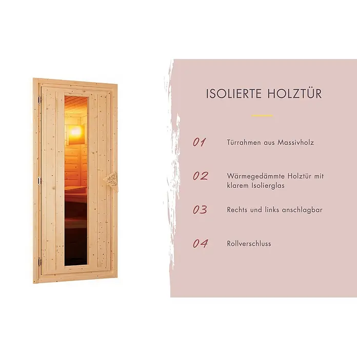 Karibu Saunahaus Hytti - 9 KW Bio-Ofen mit externer Steuerung, Natur, L x B x H: 113 x 196 x 228 cm - Isolierte Holztür mit Massivholzrahmen und klarem Isolierglas, rechts und links anschlagbar, mit Rollverschluss.