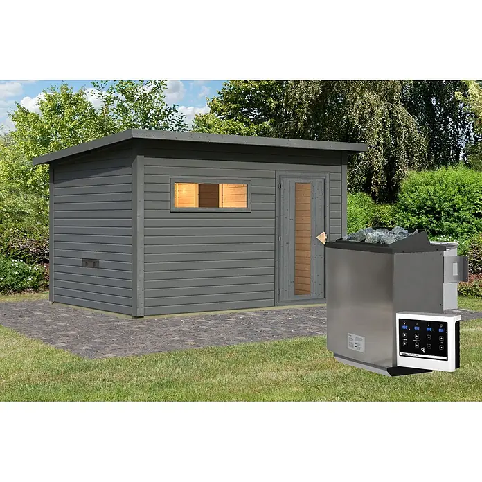 Karibu Saunahaus Hytti 6 - 9 KW Bio-Ofen mit externer Steuerung, Terragrau, L x B x H: 231 x 396 x 217 cm - Graue Außensaunakabine mit Flachdach im Garten, daneben ein Edelstahl-Saunaofen mit Bedienfeld.
