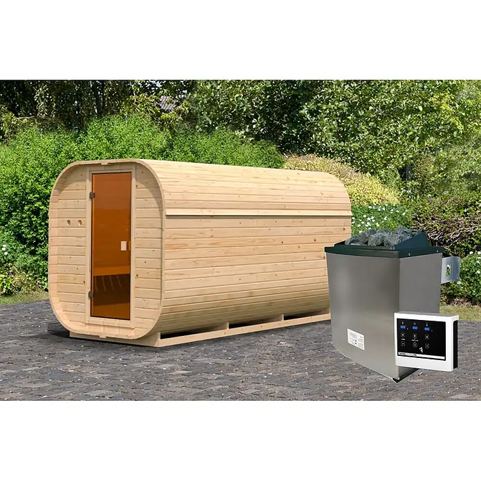 Karibu Saunahaus Quadro 3 - 9 KW Ofen mit externer Steuerung, Natur, L x B x H: 355 x 199 x 205 cm - Holzfasssauna mit Glastür und Edelstahlofen mit Steinen und Bedienfeld im Garten.