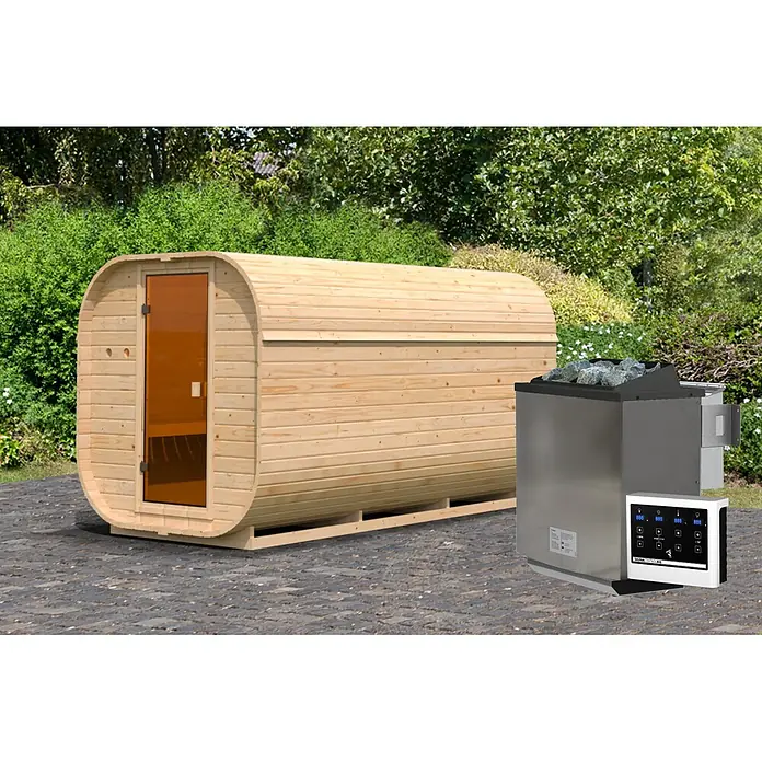 Karibu Saunahaus Quadro 3 - 9 KW Bio-Ofen mit externer Steuerung, Natur, L x B x H: 355 x 199 x 205 cm - Hölzerne Fasssauna mit externem Metall-Saunaofen und Bedienfeld.