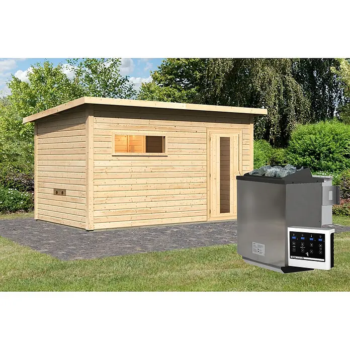 Karibu Saunahaus Hytti 6 - 9 KW Bio-Ofen mit externer Steuerung, Natur, L x B x H: 231 x 396 x 217 cm - Hölzerne Außensaunakabine mit Edelstahl-Saunaofen und digitalem Bedienfeld.