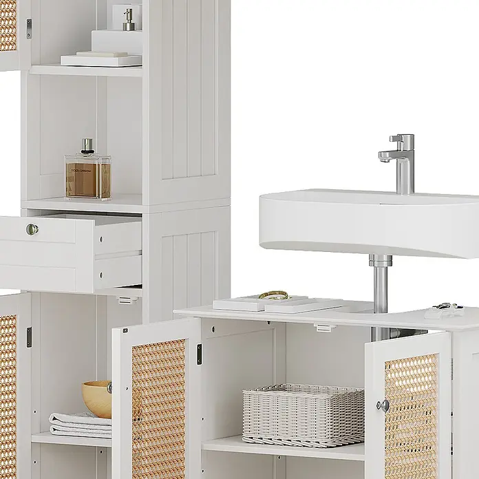 Vicco Badmöbel-Set Rosario Weiß 3 teilig, mit Hochschrank - Gesamtbreite Badmöbel: 92 cm, Weiß, Matt - Weißer Badschrank und Waschtisch mit Waschbecken, offenen Fächern, Schubladen und Korbtüren.