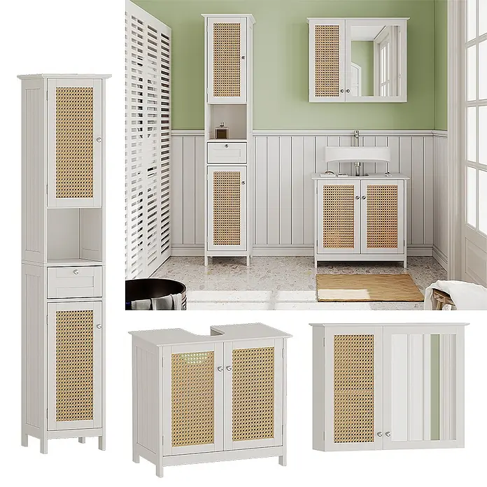 Vicco Badmöbel-Set Rosario Weiß 3 teilig, mit Hochschrank - Gesamtbreite Badmöbel: 92 cm, Weiß, Matt - Weißes Badezimmermöbel-Set mit Rattan-Paneelen, bestehend aus Hochschrank, Waschtischunterschrank und Spiegelschrank.