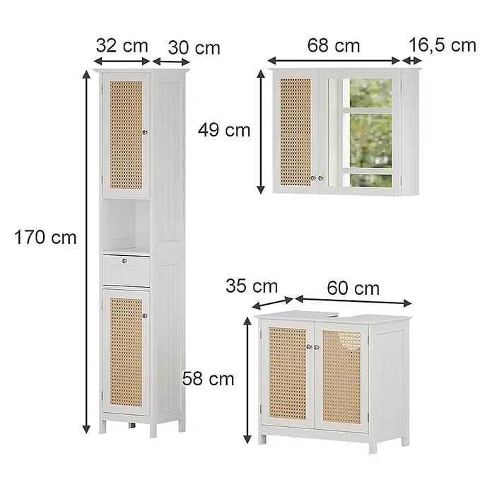 Vicco Badmöbel-Set Rosario Weiß 3 teilig, mit Hochschrank - Gesamtbreite Badmöbel: 92 cm, Weiß, Matt - Drei weiße Badschränke aus Holz mit Rattantüren: ein Hochschrank, ein Spiegelschrank und ein Waschbeckenunterschrank.