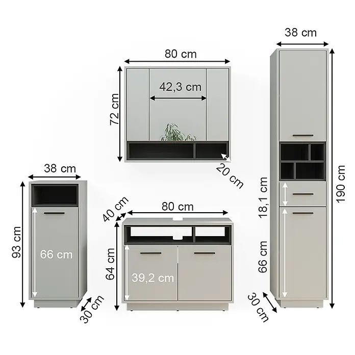 Vicco Badmöbel-Set Beatrice Grau 4 Teile - Gesamtbreite Badmöbel: 156 cm, Grau, Matt - Modulares hellgraues und dunkelgraues Möbelset mit verschiedenen Aufbewahrungseinheiten und Abmessungen.