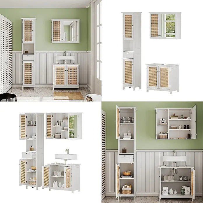 Vicco Badmöbel-Set Rosario Weiß 3 teilig, mit Hochschrank - Gesamtbreite Badmöbel: 92 cm, Weiß, Matt - Weißes Badmöbel-Set mit Rattan-Akzenten: Hochschrank, Waschtischunterschrank und Spiegelschrank.