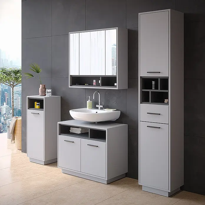 Vicco Badmöbel-Set Beatrice Grau 4 Teile - Gesamtbreite Badmöbel: 156 cm, Grau, Matt - Modernes Badmöbel-Set in Hell- und Dunkelgrau: Waschtisch mit Aufsatzwaschbecken, Spiegelschrank, Hochschrank und Beistellschrank.