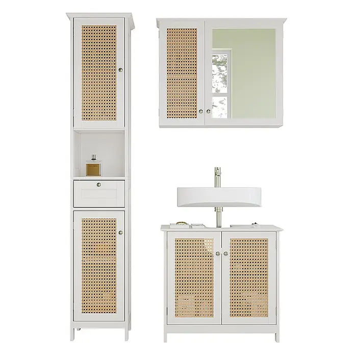 Vicco Badmöbel-Set Rosario Weiß 3 teilig, mit Hochschrank - Gesamtbreite Badmöbel: 92 cm, Weiß, Matt - Set weißer Badmöbel mit natürlichem Rattangeflecht: Hochschrank, Spiegelschrank und Waschtischunterschrank.