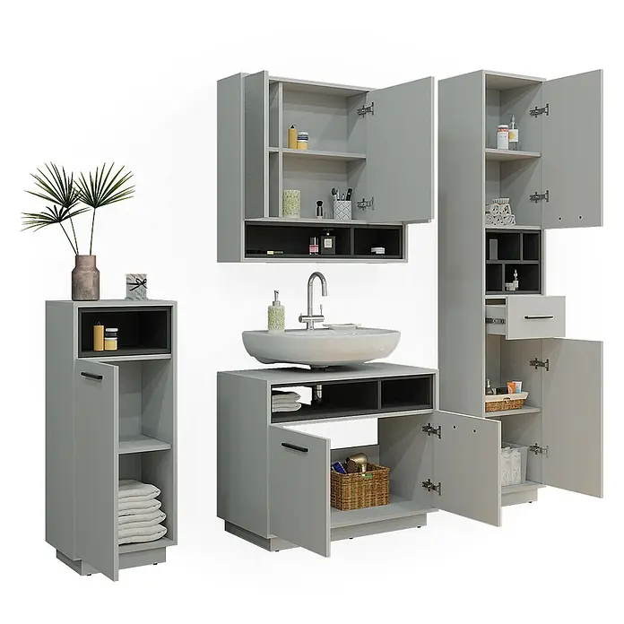 Vicco Badmöbel-Set Beatrice Grau 4 Teile - Gesamtbreite Badmöbel: 156 cm, Grau, Matt - Hellgraues Badezimmermöbelset mit integriertem Waschbecken, Wandschrank und Aufbewahrungseinheiten für Toilettenartikel und Handtücher.