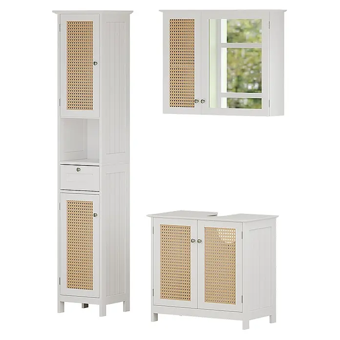 Vicco Badmöbel-Set Rosario Weiß 3 teilig, mit Hochschrank - Gesamtbreite Badmöbel: 92 cm, Weiß, Matt - Weißes Badezimmermöbel-Set mit Wiener Geflecht, bestehend aus Hochschrank, Spiegelschrank und Waschbeckenunterschrank.