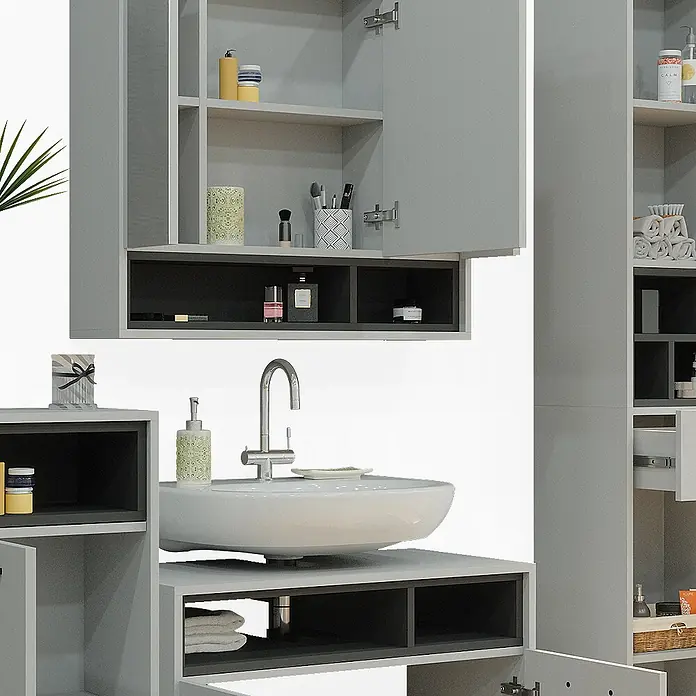 Vicco Badmöbel-Set Beatrice Grau 4 Teile - Gesamtbreite Badmöbel: 156 cm, Grau, Matt - Graues Badezimmermöbel-Set mit weißem Waschbecken und verschiedenen Schränken zur Organisation von Toilettenartikeln.