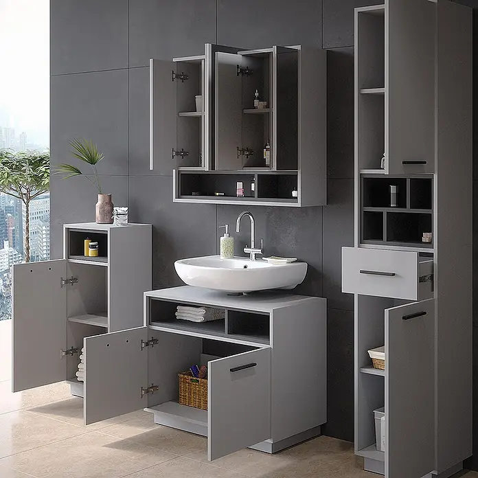 Vicco Badmöbel-Set Beatrice Grau 4 Teile - Gesamtbreite Badmöbel: 156 cm, Grau, Matt - Graues Badezimmermöbel-Set: Waschtisch mit Waschbecken, Hochschrank und Seitenmodul. Offene Türen zeigen Stauraum.