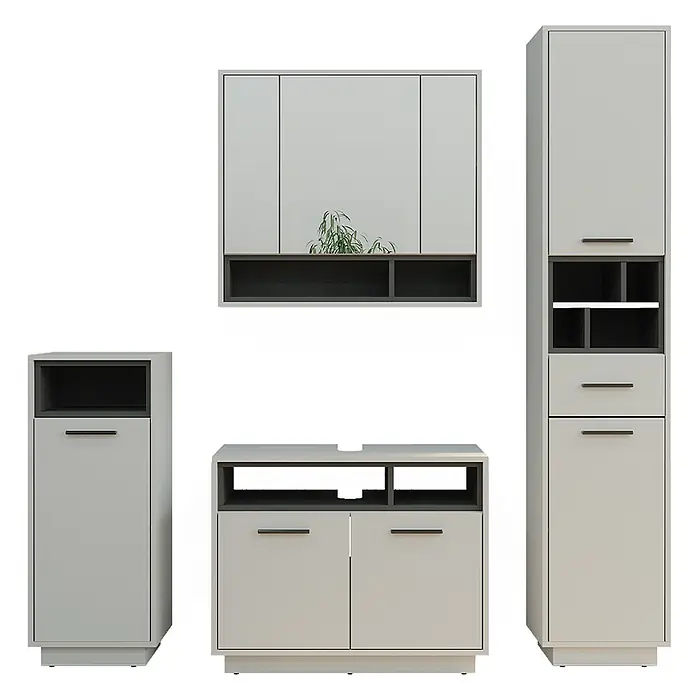 Vicco Badmöbel-Set Beatrice Grau 4 Teile - Gesamtbreite Badmöbel: 156 cm, Grau, Matt - Ein Set moderner, hellgrauer Modularmöbel mit dunkelgrauen Akzenten, bestehend aus Hängeschrank, TV-Bank und Lagerschränken.