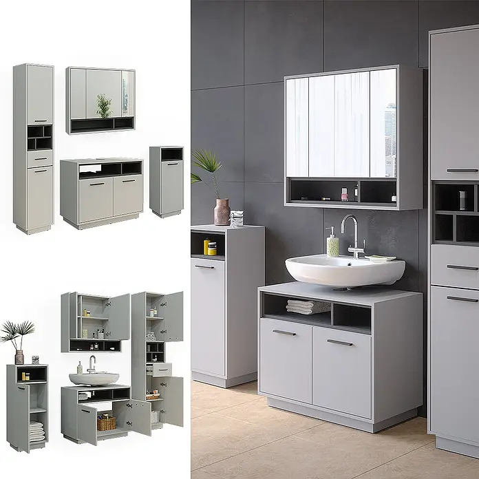 Vicco Badmöbel-Set Beatrice Grau 4 Teile - Gesamtbreite Badmöbel: 156 cm, Grau, Matt - Helles graues modulares Badmöbelset mit dunkelgrauen Akzenten, bestehend aus Waschtisch, Hochschrank und Spiegelschrank.