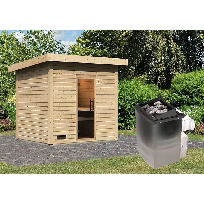 Karibu Saunahaus Kaapi 4 - 9 KW Ofen mit interner Steuerung, Natur, L x B x H: 196 x 231 x 238 cm - Natürliche Holz-Außensauna mit schwarzem und metallischem Saunaofen.