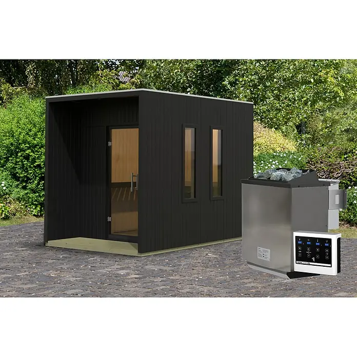 Karibu Saunahaus Laguna - L x B x H: 287,5 x 219,5 x 244 cm, Schwarz, 9 KW Bio Ofen mit externer Steuerung - Eine schwarze Außensaunakabine mit Holzsockel und ein Edelstahl-Saunaofen mit weißem Bedienfeld.