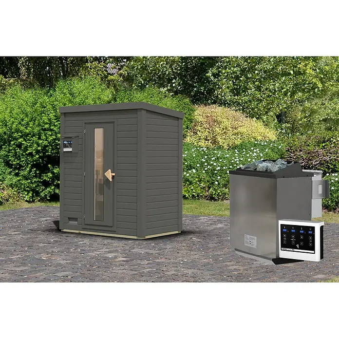 Karibu Saunahaus Hytti - 9 KW Bio-Ofen mit externer Steuerung, Terragrau, L x B x H: 113 x 196 x 228 cm - Stimmungsaufnahme