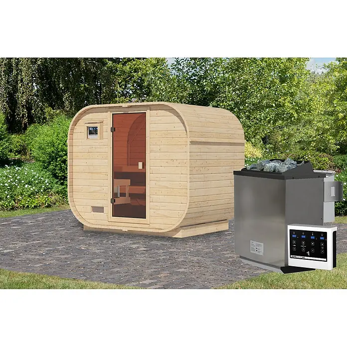 Karibu Saunahaus Quadro 1 Plus - 9 KW Bio-Ofen mit externer Steuerung, Natur, L x B x H: 385 x 225 x 205 cm - Hellholz-Fasssauna mit dunkler Glastür und externem Ofen mit Bedienfeld.