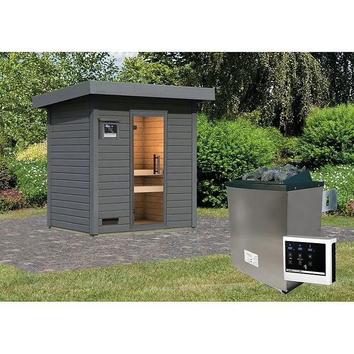 Karibu Saunahaus Kaapi 2 - 9 KW Ofen mit externer Steuerung, Terragrau, L x B x H: 146 x 196 x 228 cm - Dunkelgraue Außensauna mit separatem Edelstahl-Saunaofen und Bedienfeld.