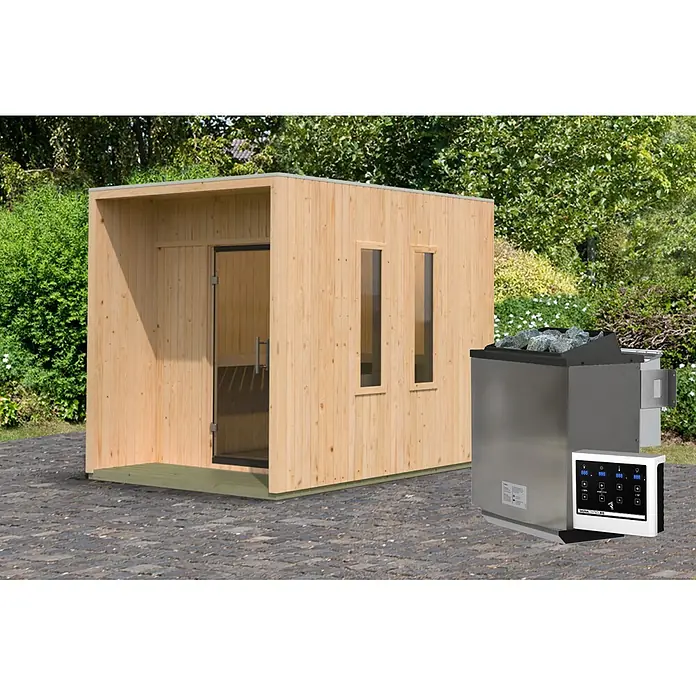 Karibu Saunahaus Laguna - L x B x H: 287,5 x 219,5 x 244 cm, Natur, 9 KW Bio Ofen mit externer Steuerung - Outdoor-Saunakabine aus Holz mit separatem silbernem Saunaofen und weißem Bedienfeld.
