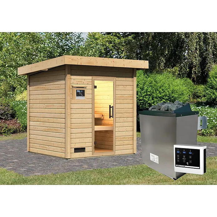 Karibu Saunahaus Kaapi 3 - 9 KW Ofen mit externer Steuerung, Natur, L x B x H: 196 x 196 x 228 cm - Hölzerne Außensaunakabine mit offener Tür und separater Metall-Saunaofen mit digitaler Steuerung im Garten.